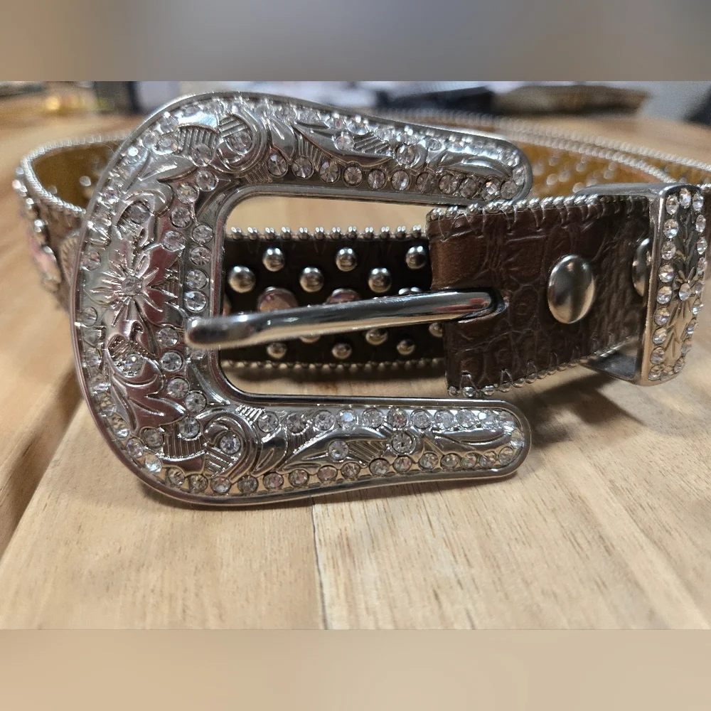 Nocona Girls Brown Leather Belt with Pink Heart Rhinestones Accents